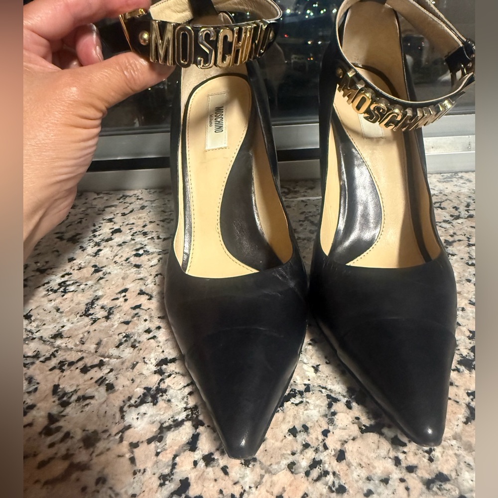 Moschino Black Pointed Toe Leather Pumps with Gold Logo Ankle Strap